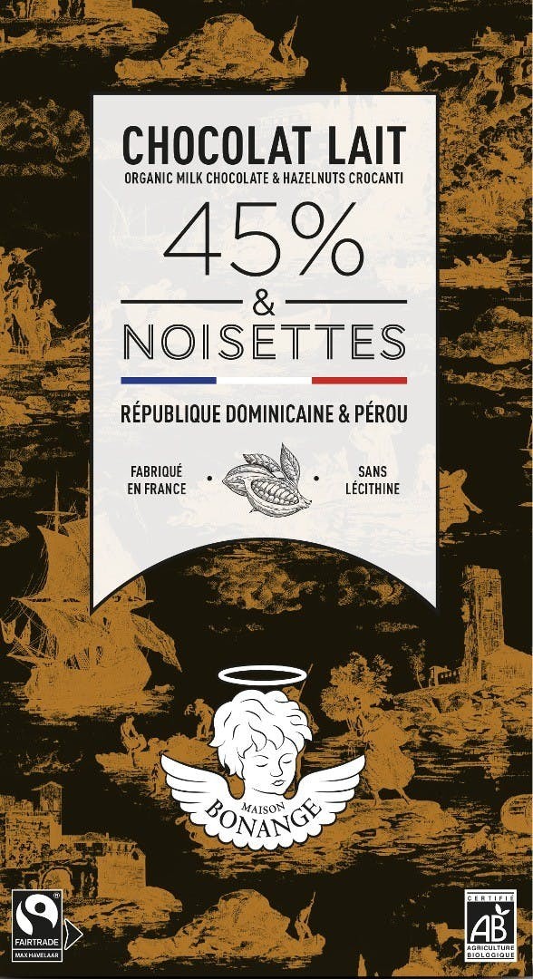Organic Milk Chocolate 45% bar 80g & Crocanti Hazelnuts - Maison Bonange