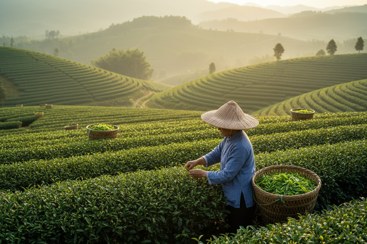 Un artisan de thé qui fait la recolte