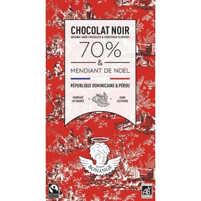 Tablette de chocolat 80g Noir Bio 70% & Mendiant de Noël - Maison Bonange