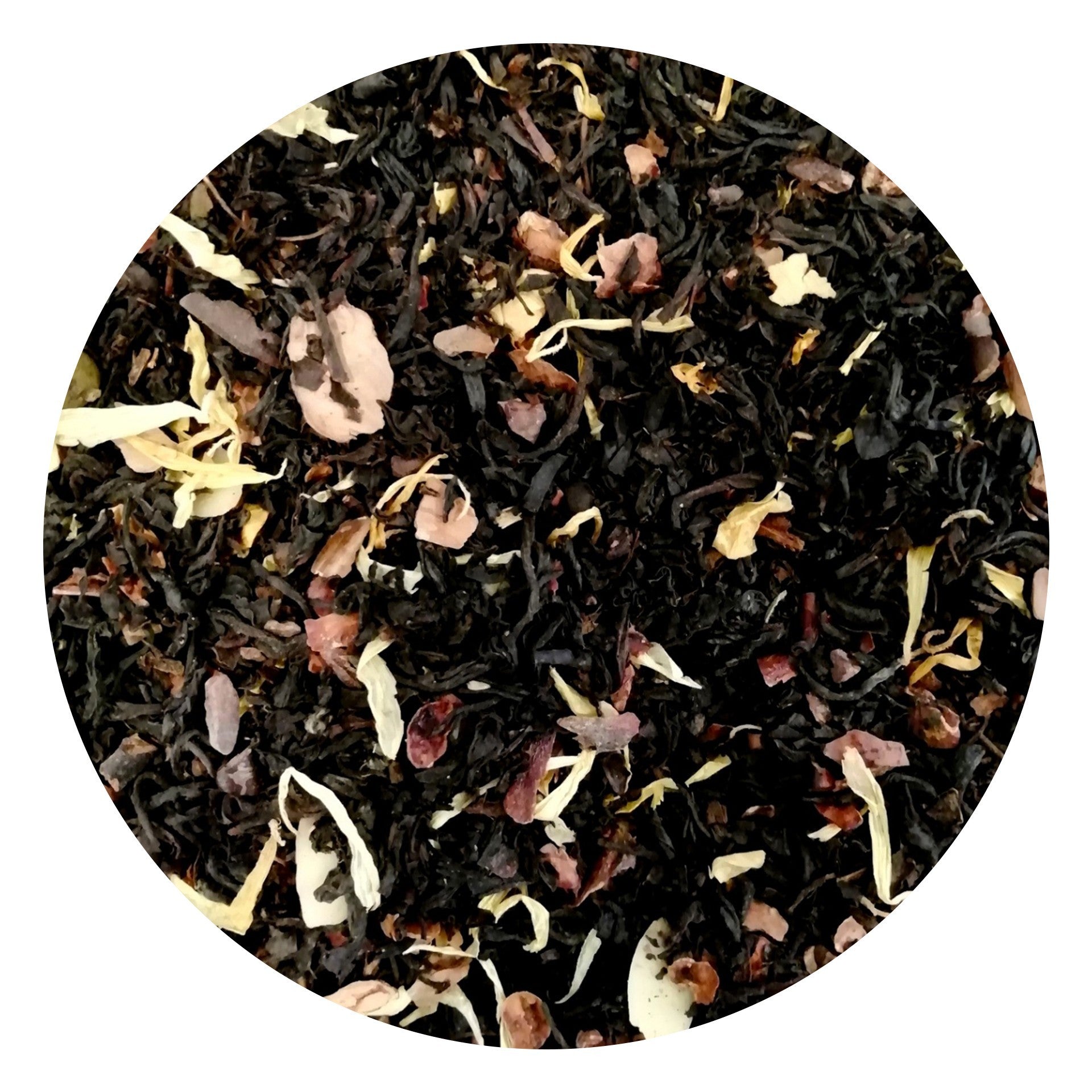 Black tea with chocolate, almonds, and pear
