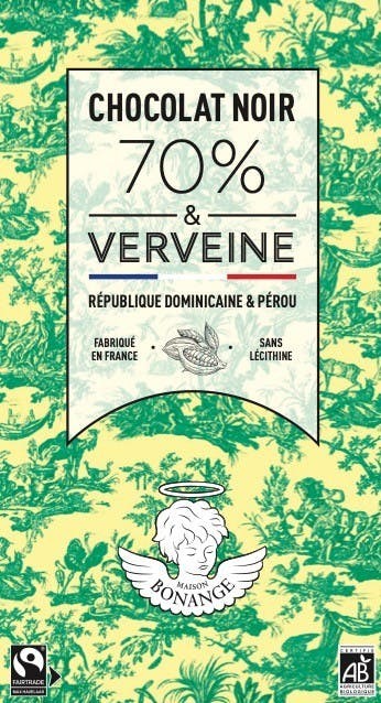Organic Dark Chocolate Bar 70% & Lemon Verbena 80g - Maison Bonange